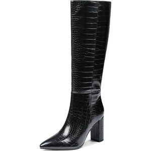 🆕Women Black Knee High Faux Crocodile Long Tall Pointed Chunky High Heel Boots